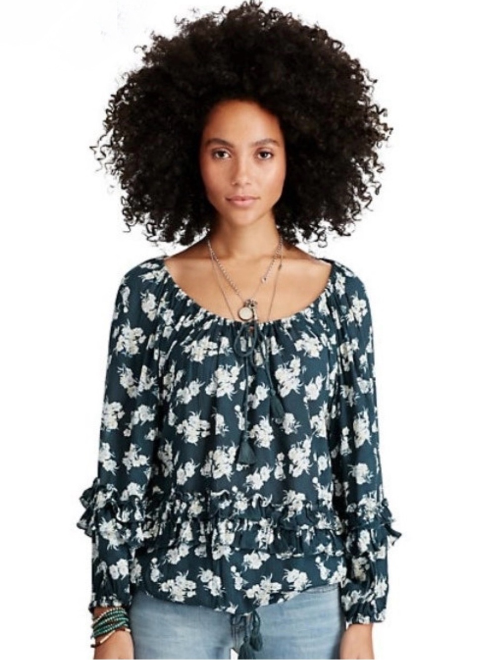 RL BOHO Denim & Supply Ralph Lauren Blue Floral Cottage Peasant Blouse Top - Picture 13 of 13